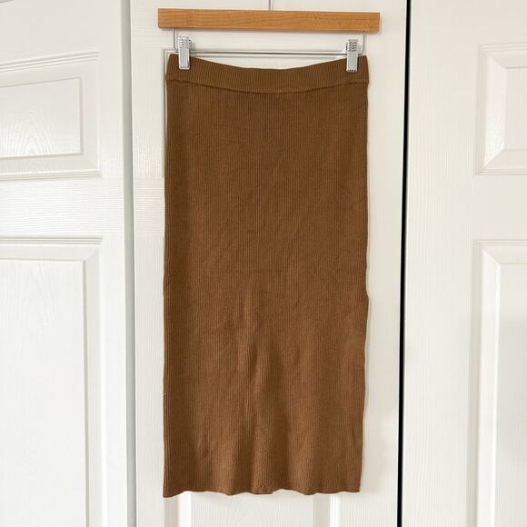House of Harlow 1960 Ribbed Knit Collared Top & Midi Skirt Set Brown S EUC - Picture 2 of 9